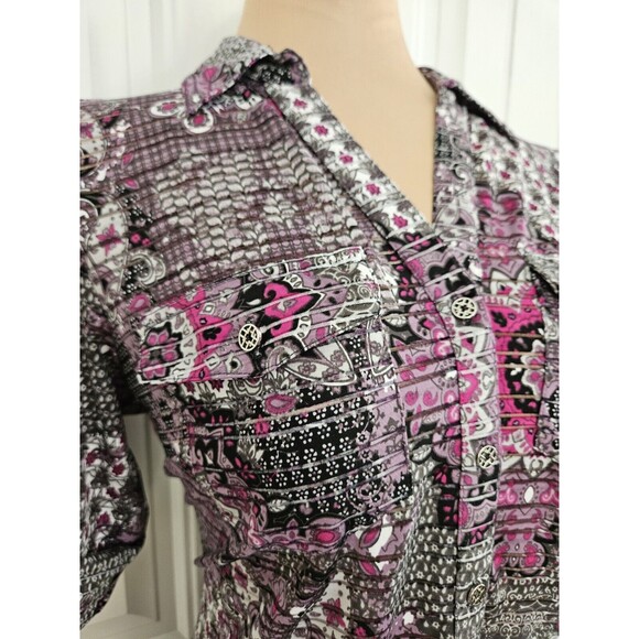 Cathy Daniels Roll Tab Blouse Silvertone Buttons Medallion Pattern Size S - Picture 4 of 9